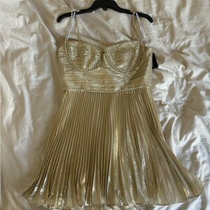 Self portrait, gold and time stone mini dress with rhinestone straps NWT